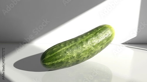 A single, green cucumber, with a slightly bumpy texture, resting on a white surface with a beam of light hitting it. photo