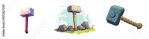 Cartoon Hammers and Rocks in a Vibrant Landscape with Clouds and a Blue Sky, Perfect for Illustrations, Games, and Fantasy Themes