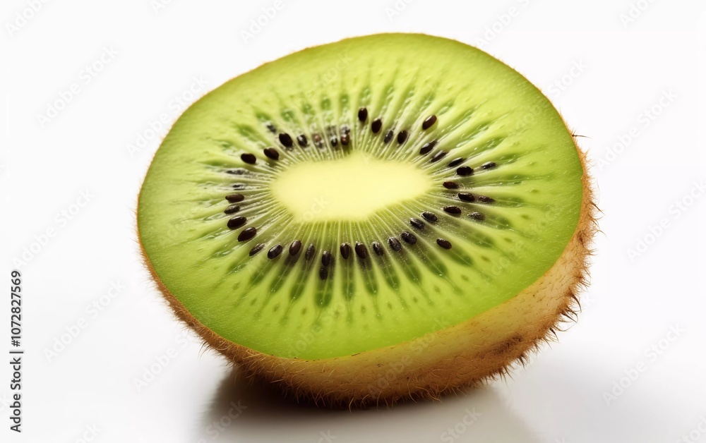 A sliced kiwi showcasing its vibrant green flesh and black seeds. A sliced kiwi showcasing its vibrant green flesh and black seeds.