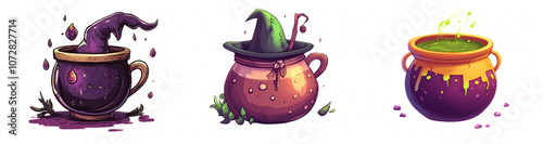 Collection of Witch Cauldrons with Enchanted Hats and Mysterious Potions, Perfect for Halloween, Fantasy, and Magical Themes in Illustrations and Designs