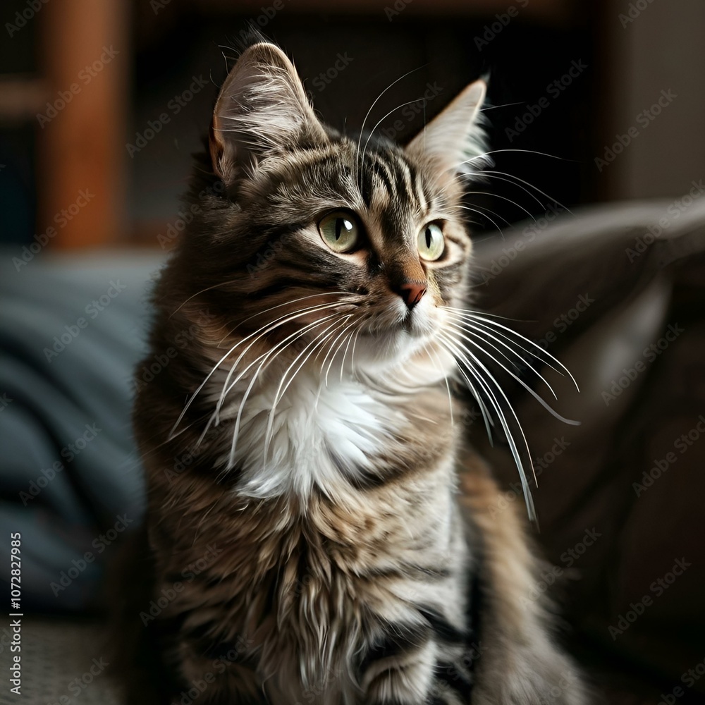 A tabby cat with bright green eyes, gazing at the camera, with a blurred living room background featuring a wooden chair and gray blanket. A tabby cat with bright green eyes, gazing at the camera, with a blurred living room background featuring a wooden chair and gray blanket.