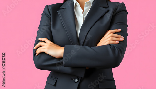 Full size body photo of satisfied successful financial representative director folded arms business lady isolated on pink color background isolated with white highlights, png photo