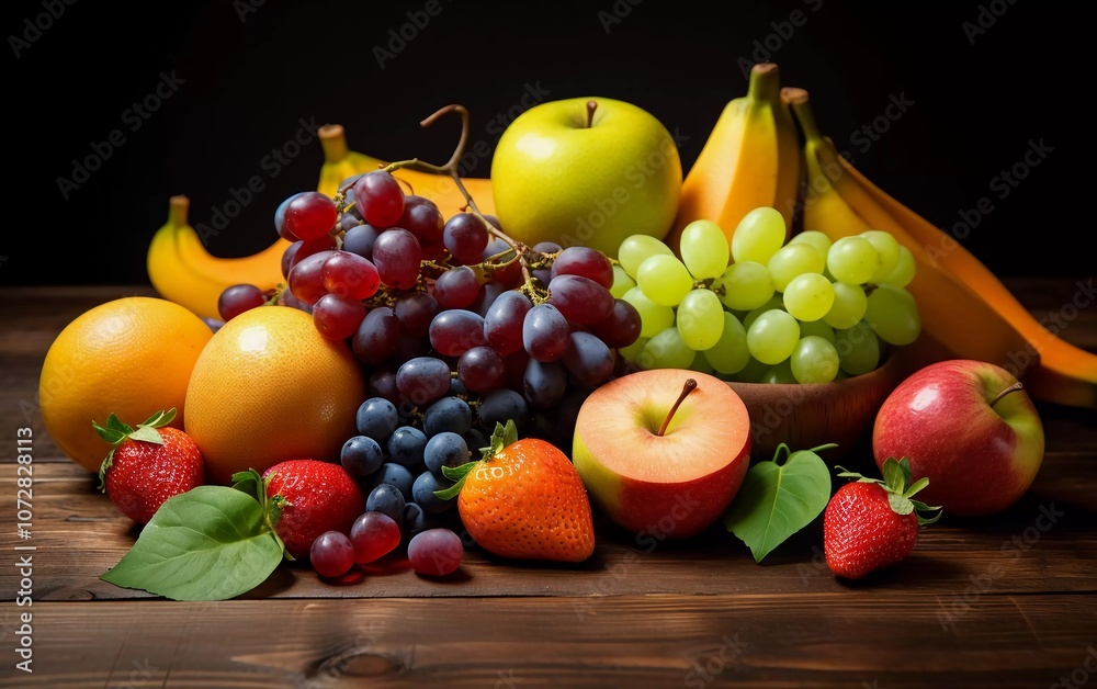 A vibrant arrangement of assorted fruits on a wooden surface, showcasing freshness and color. A vibrant arrangement of assorted fruits on a wooden surface, showcasing freshness and color.
