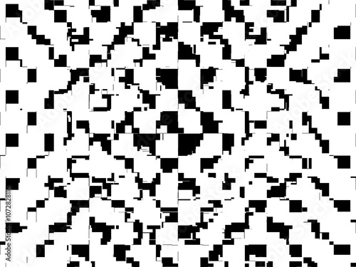 Error digital concept. Black random shapes on white background. Wrong lines and blocks. Video distortion effect. Abstract pixels and noise. Vector illustration.