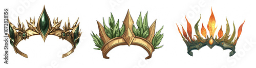 Three Unique Fantasy Crowns Featuring Nature-Inspired Designs with Precious Stones Perfect for Artwork, Costuming, or Creative Projects in Illustrations or Games