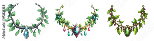 Elegant Nature-Inspired Necklaces Showcasing Vibrant Gemstones and Lush Greenery for Fashion and Jewelry Concepts
