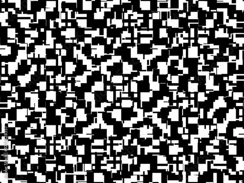 Error digital concept. Black random shapes on white background. Wrong lines and blocks. Video distortion effect. Abstract pixels and noise. Vector illustration.