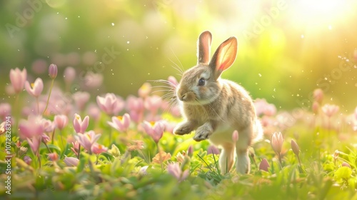 A fluffy brown bunny rabbit hops through a field of pink flowers in the warm sunshine.