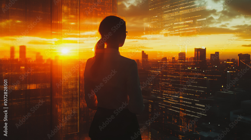 Fototapeta premium Abstract business woman stands on the peak of success amid tall, innovative Smart city and graphs with statistics to analyze business potential and predict future developments in company growth.