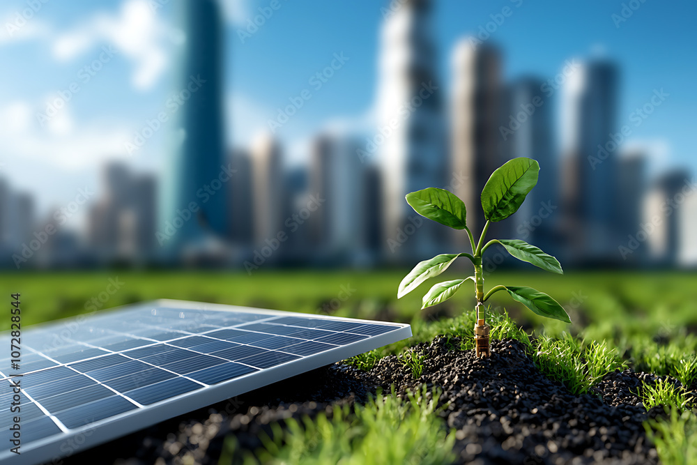 Fototapeta premium Innovative smart city infrastructure integrates green spaces and robotic systems for sustainable urban transportation