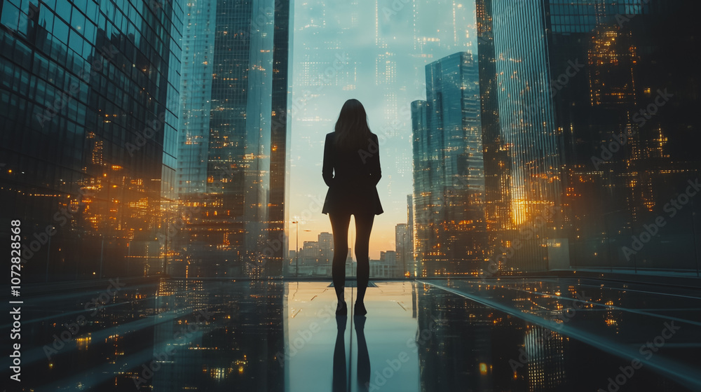 Abstract business woman stands on the peak of success amid tall, innovative Smart city and graphs with statistics to analyze business potential and predict future developments in company growth.