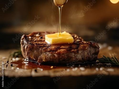 Delicious steak with butter melting on top. photo