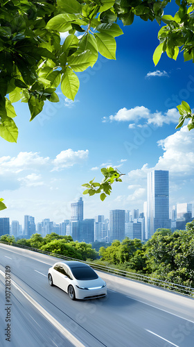 Innovative urban infrastructure merging green spaces and smart transportation in a sustainable skyline photo