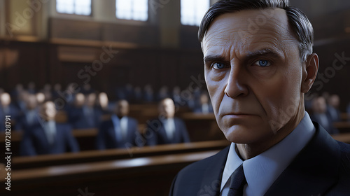 Vengeful glare in courtroom, tense atmosphere, courtroom drama, 8k, hyper realistic, real life based.  photo