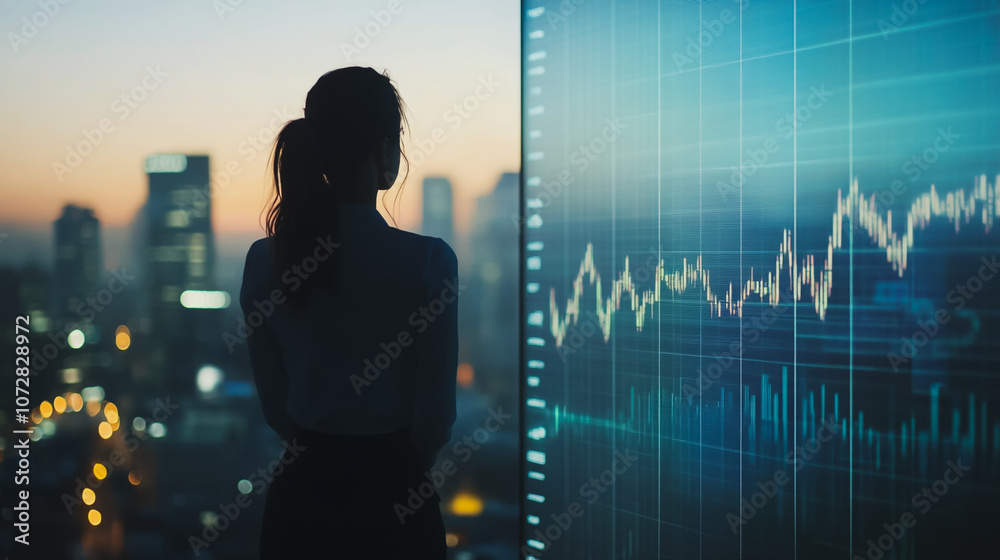 Abstract business woman stands on the peak of success amid tall, innovative Smart city and graphs with statistics to analyze business potential and predict future developments in company growth. Abstract business woman stands on the peak of success amid tall, innovative Smart city and graphs with statistics to analyze business potential and predict future developments in company growth.