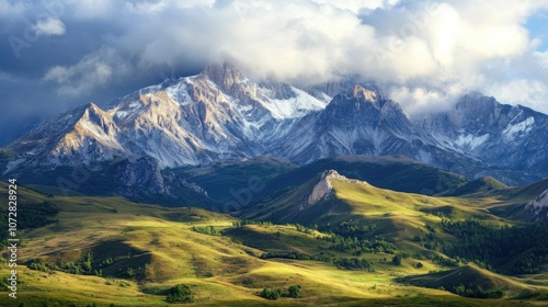 Majestic mountain landscape with clouds and green hills.