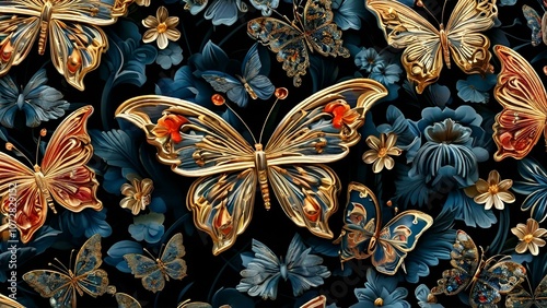 Intricate Butterfly and Flower Pattern in Rich Blue Tones, Capturing Elegant Symmetry and Colorful Detail for Modern Textile Designs.