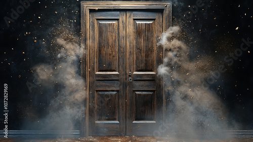 Wooden door slammed shut, dust swirling, intense motion, 8k, hyper realistic, real life based. 