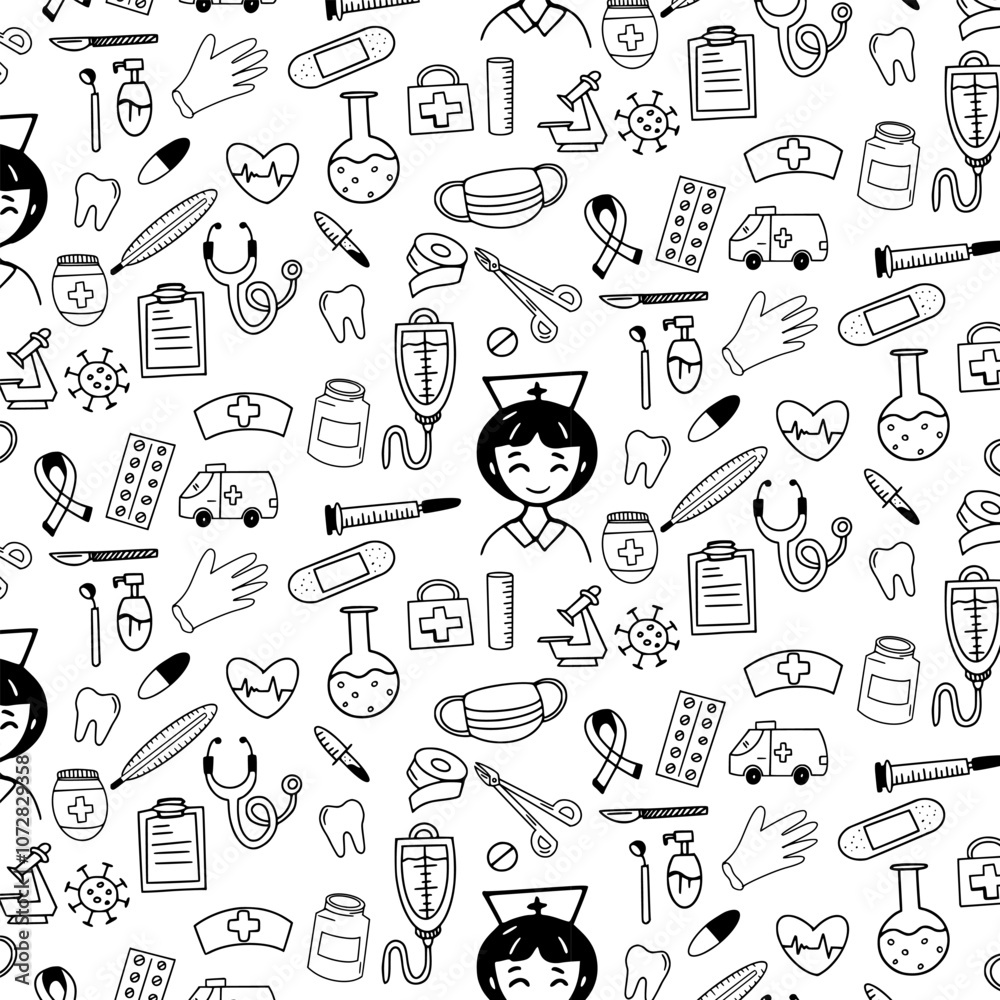 Naklejka premium medicine hand drawn doodle seamless pattern background