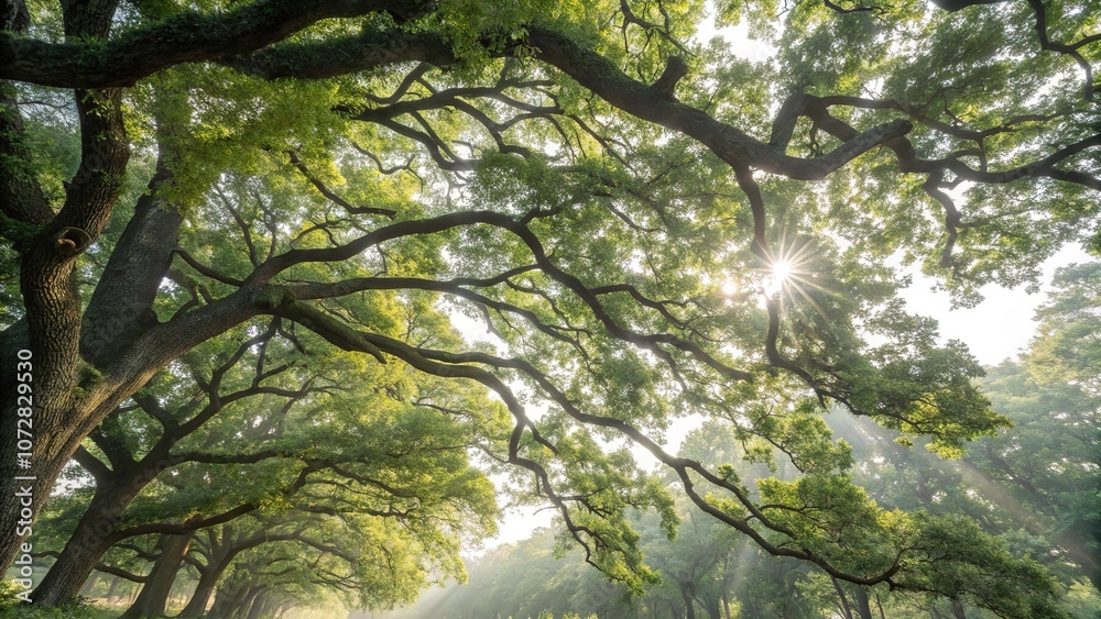 Fototapeta premium Dense foliage of old oak tree branches stretching towards the morning sky with sunlight filtering through, leaf morphology, morning light, branch details, sunlight, sun filter