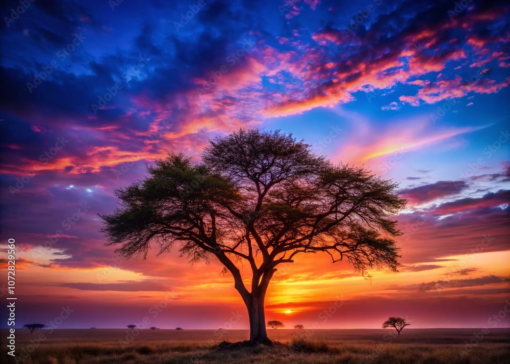 Silhouette of a Majestic Tree Against the Colorful Dusk Sky in Riffa, Bahrain, Capturing the Essence of Nature’s Beauty and Tranquility at Twilight