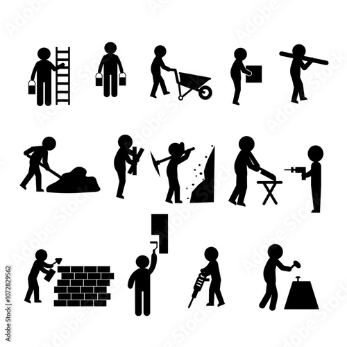 stickman construction worker at work in different poses with tools