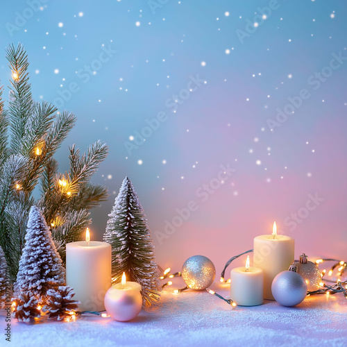 serene winter scene featuring glowing candles, decorated Christmas trees, and sparkling ornaments, creating warm and festive atmosphere. soft snowfall adds magical touch to this cozy setting