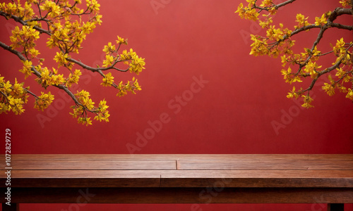 Empty wooden table with bamboo place mat over red background. Chinese New Year mock up for design and product display. photo