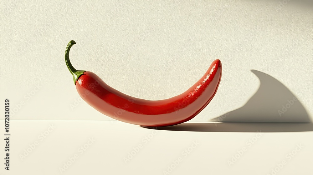 A single red chili pepper with a long shadow cast on a white background. A single red chili pepper with a long shadow cast on a white background.