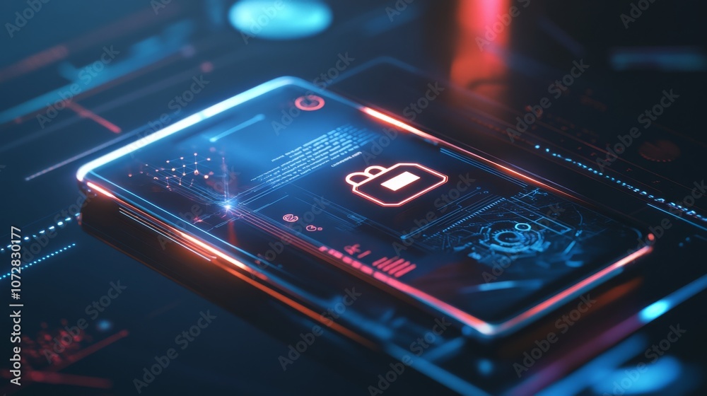 Cybersecurity in Banking : A laptop or smartphone with a lock icon hovering over it, representing cybersecurity in online banking and safe money management Cybersecurity in Banking : A laptop or smartphone with a lock icon hovering over it, representing cybersecurity in online banking and safe money management