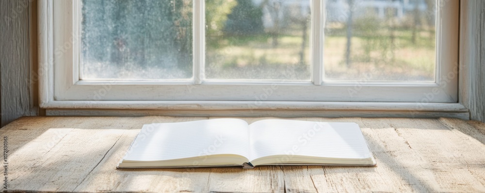 A sunlit window reveals an open book resting on a rustic wooden table surrounded by a serene outdoor setting. A sunlit window reveals an open book resting on a rustic wooden table surrounded by a serene outdoor setting.