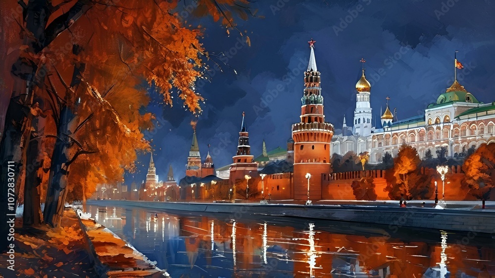 Obraz premium Autumn Serenity: A Realistic Painting of Red Square in Moscow at Sunset, with Vibrant Colors, Autumn Foliage, and Calm River Reflections.