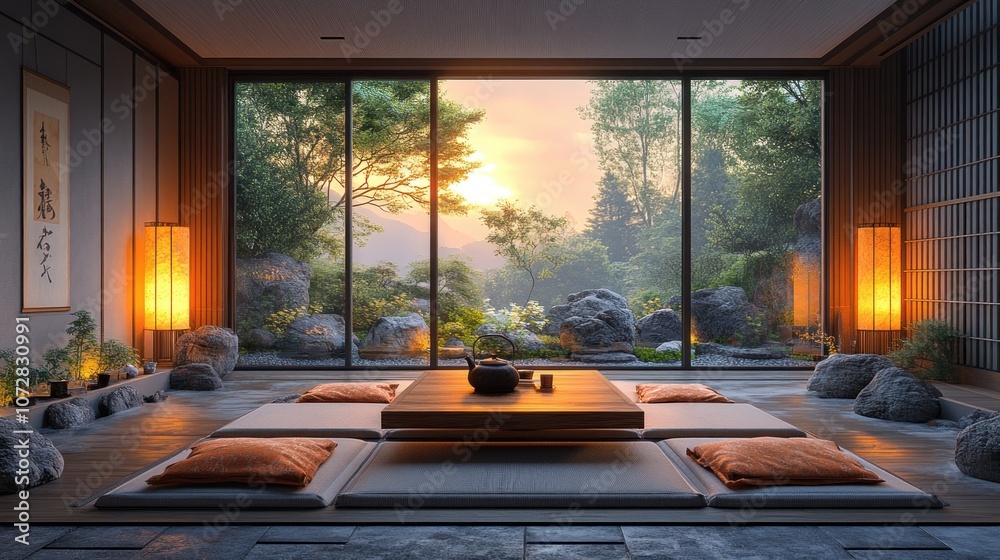 Fototapeta premium Serene Japanese interior with a view of nature at sunset.