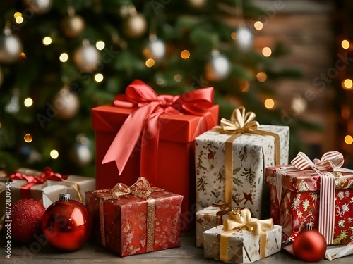 Festive Cheer: Gift Boxes with Red Bows, Sparkling Baubles, and a Christmas Tree Adorned with Gold and White Lights, Creating a Joyful Atmosphere.