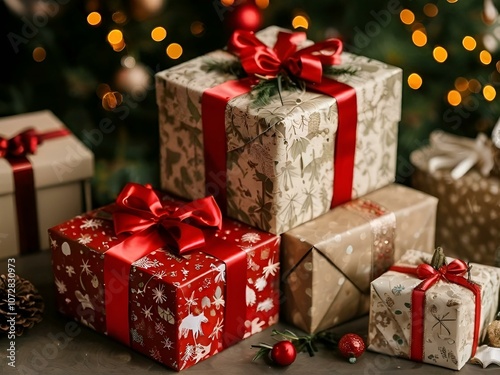 Festive Wonderland: A Pile of Colorful Gift Boxes in Front of a Beautifully Decorated Christmas Tree, Creating a Joyful and Celebratory Atmosphere.