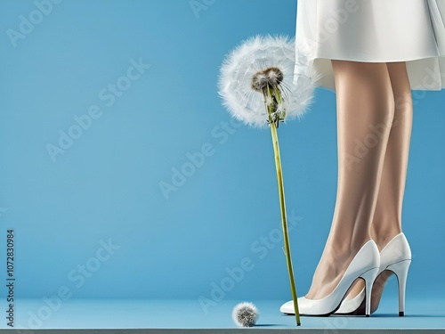 Ethereal Elegance: A Pair of Legs in White High Heels, Framed by Blowing Dandelion Seeds Against a Soft Blue Background.