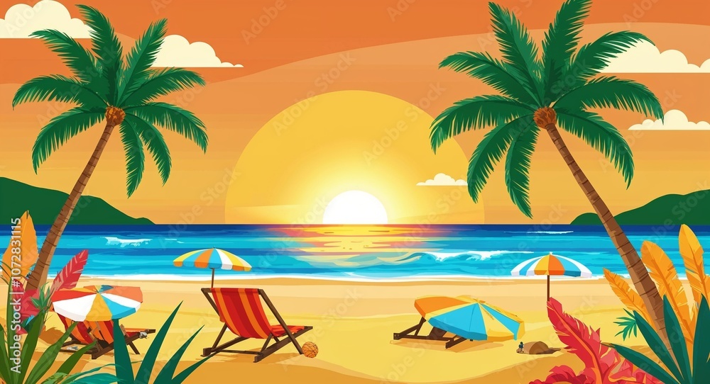 Fototapeta premium Golden sunset beach scene and theme in illustration background