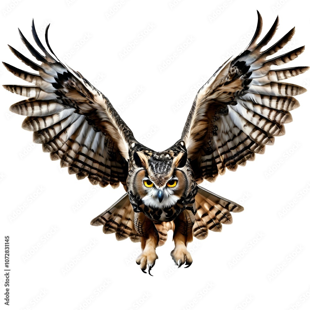 Majestic Flight: A Photograph of an Owl in Mid-Air with Wide-Spread Wings Against a White Background. Majestic Flight: A Photograph of an Owl in Mid-Air with Wide-Spread Wings Against a White Background.