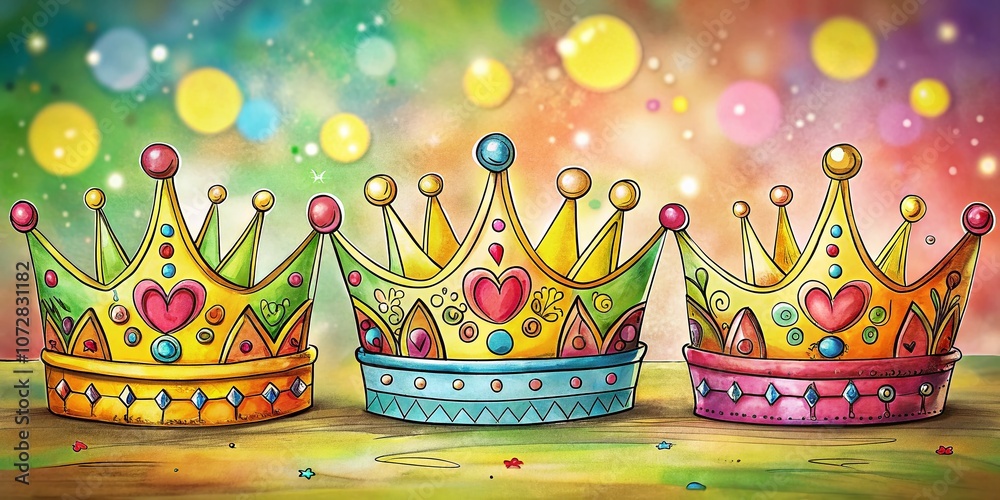 Obraz premium Six Hand-Drawn Cartoon Crowns Featuring Unique and Whimsical Designs, Perfect for Creative Projects and Children’s Illustrations, Celebrating Fun and Imagination in Art