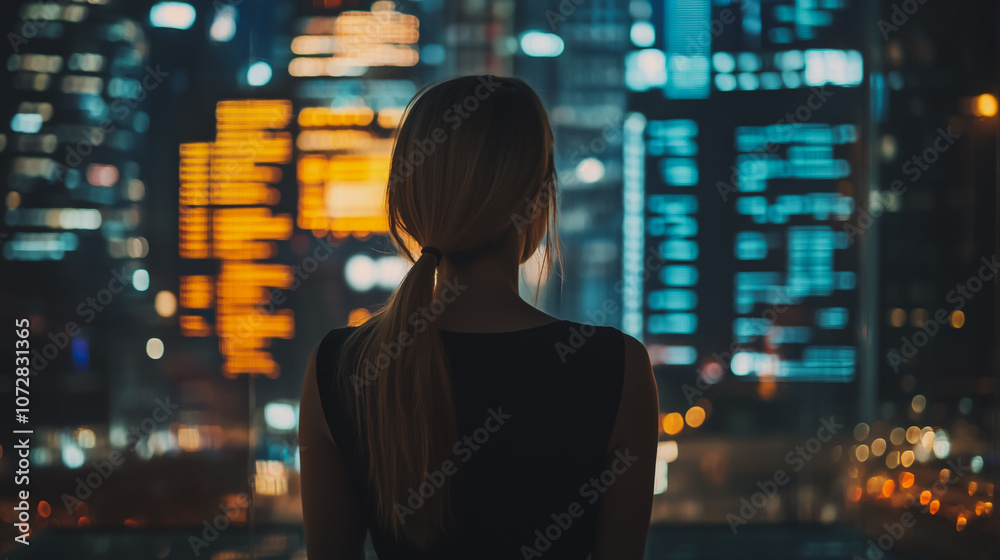 Abstract business woman stands on the peak of success amid tall, innovative Smart city and graphs with statistics to analyze business potential and predict future developments in company growth. Abstract business woman stands on the peak of success amid tall, innovative Smart city and graphs with statistics to analyze business potential and predict future developments in company growth.