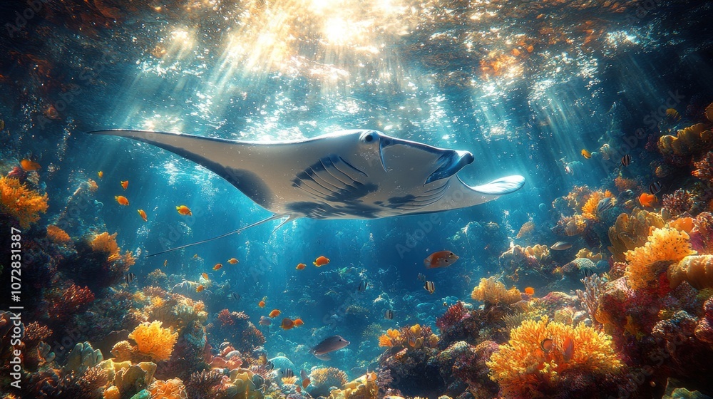 Fototapeta premium A manta ray gliding gracefully through a vibrant coral reef.