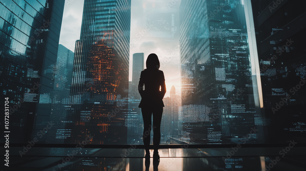 Abstract business woman stands on the peak of success amid tall, innovative Smart city and graphs with statistics to analyze business potential and predict future developments in company growth. Abstract business woman stands on the peak of success amid tall, innovative Smart city and graphs with statistics to analyze business potential and predict future developments in company growth.