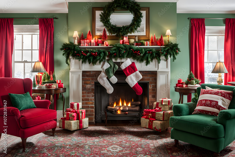 Classic red and green christmas living room with stockings over the fireplace, AI Generated Classic red and green christmas living room with stockings over the fireplace, AI Generated