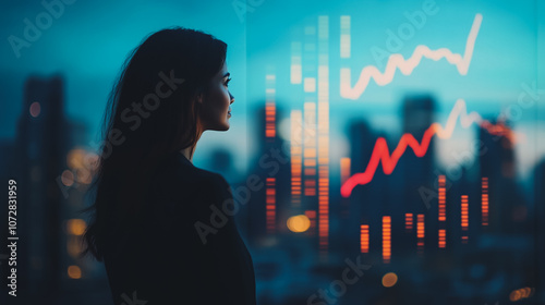 Abstract business woman stands on the peak of success amid tall, innovative Smart city and graphs with statistics to analyze business potential and predict future developments in company growth.