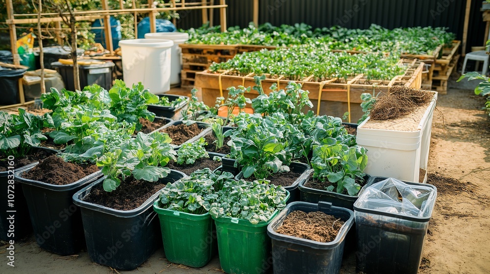A zero-waste gardening setup with composting bins, rainwater harvesting systems, and plants growing in recycled containers. A zero-waste gardening setup with composting bins, rainwater harvesting systems, and plants growing in recycled containers.