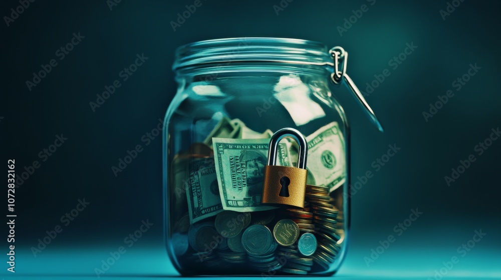 Money Savings Jar with Lock : A jar filled with cash and coins, with a small padlock on the lid, representing secure savings and cautious financial habits