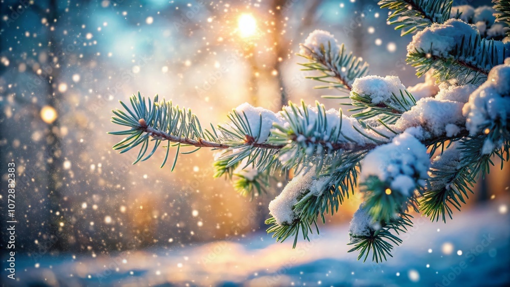 Snow-Covered Pine Tree Branches with Gentle Snowflakes Falling in a Beautiful Tilt-Shift Effect for a Winter Wonderland Scene Snow-Covered Pine Tree Branches with Gentle Snowflakes Falling in a Beautiful Tilt-Shift Effect for a Winter Wonderland Scene