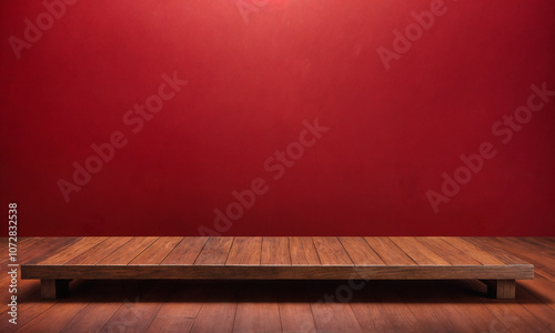 Empty wooden table with bamboo place mat over red background. Chinese New Year mock up for design and product display. photo