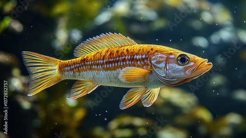 A vibrant fish swimming in a serene underwater environment.