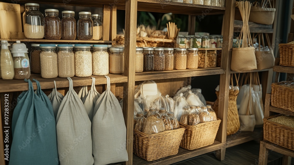 A zero-waste market stall with eco-friendly packaging alternatives like reusable cloth bags, glass containers, and bamboo baskets. A zero-waste market stall with eco-friendly packaging alternatives like reusable cloth bags, glass containers, and bamboo baskets.